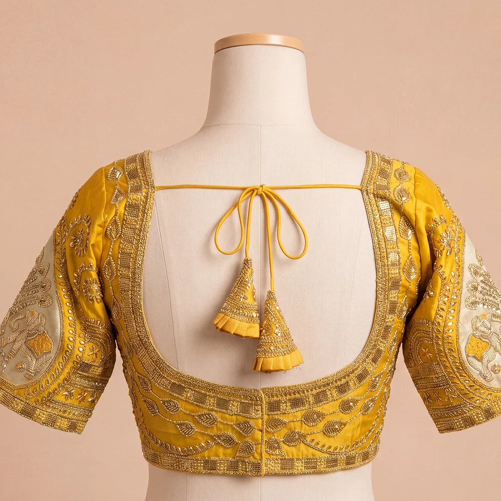 Mustard Sabyasachi Style Beads & Embroidery Partywear Blouse in Roman Silk — view 3