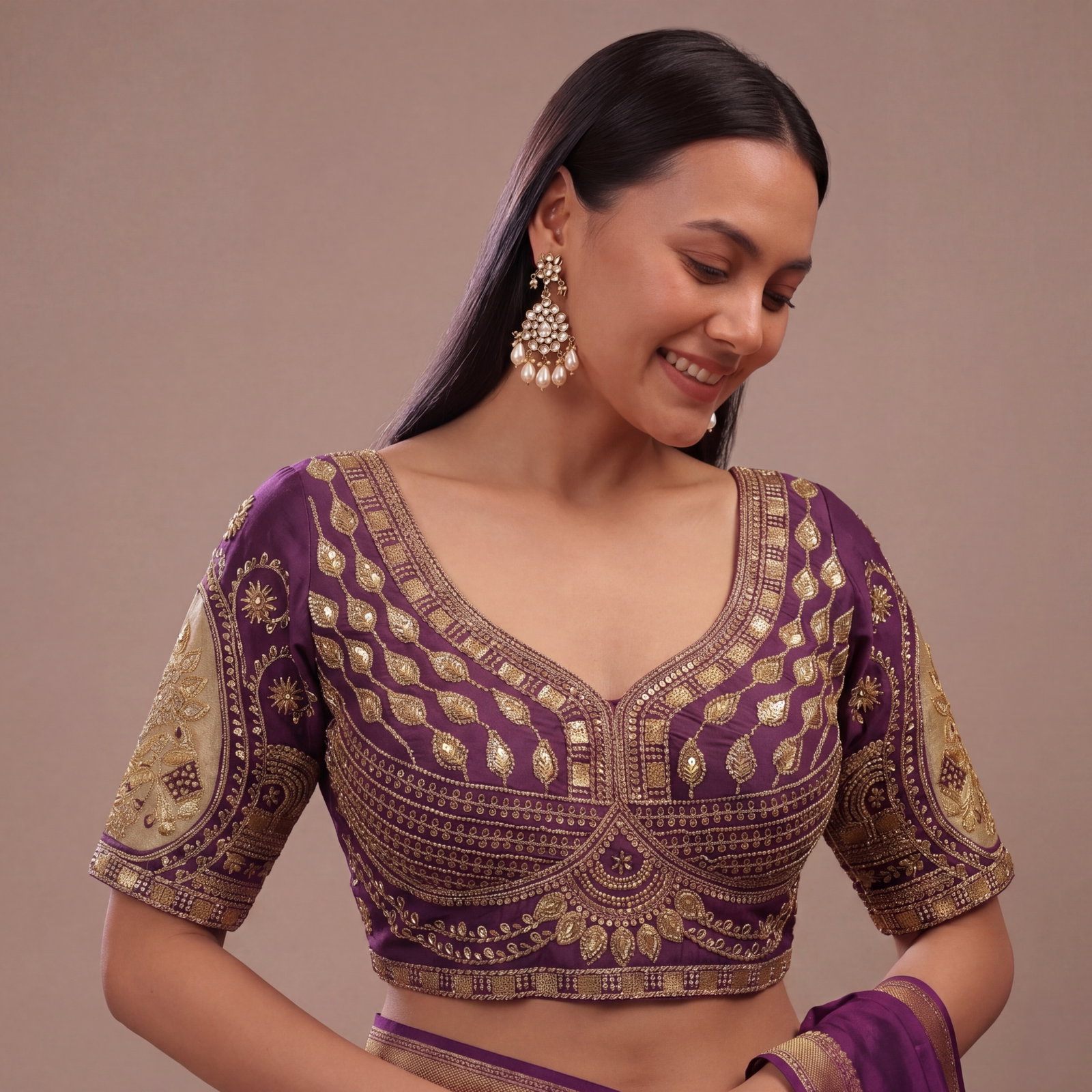 Wine Sabyasachi Style Beads & Embroidery Partywear Blouse in Roman Silk