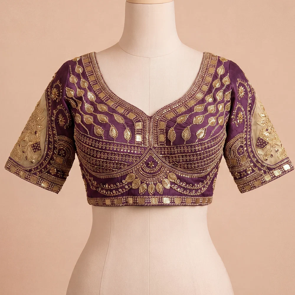 Wine Sabyasachi Style Beads & Embroidery Partywear Blouse in Roman Silk — view 2