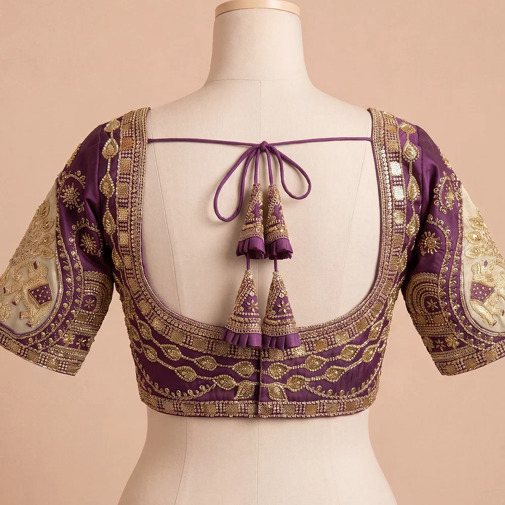Wine Sabyasachi Style Beads & Embroidery Partywear Blouse in Roman Silk — view 3