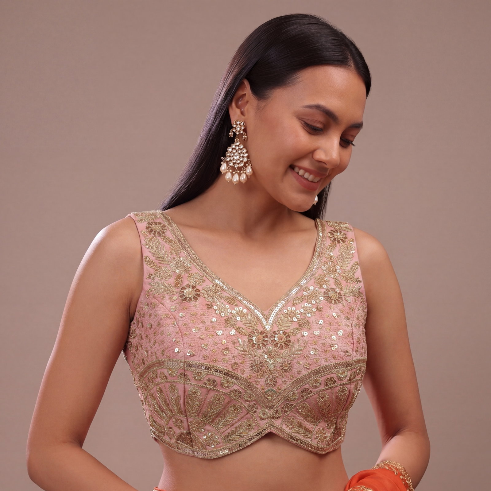 Peach Zari & Sequins Work  Partywear Sleeveless  Blouse