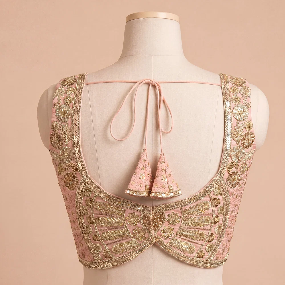 Peach Zari & Sequins Work  Partywear Sleeveless  Blouse — view 3