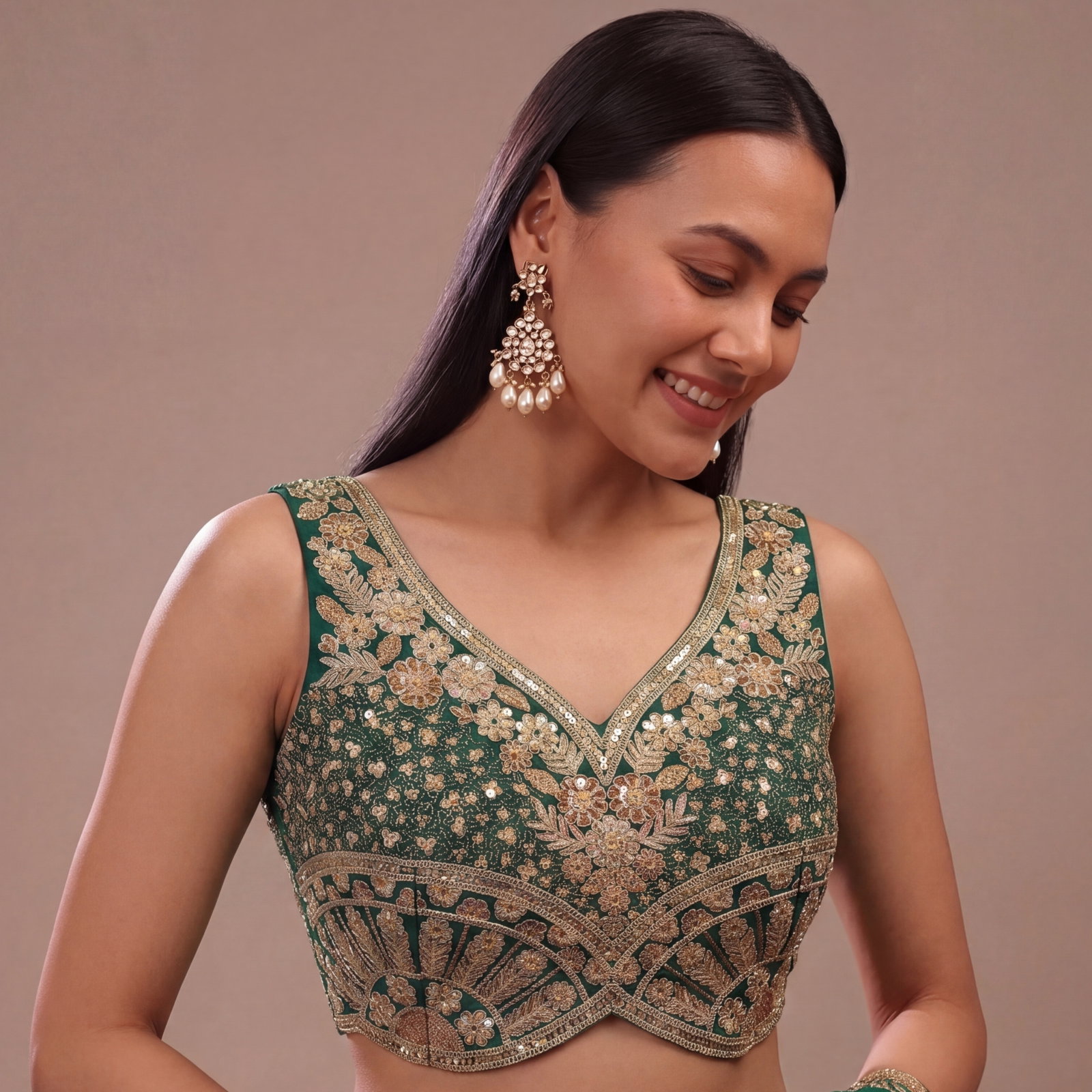 Bottle Green Zari & Sequins Work  Partywear Sleeveless  Blouse