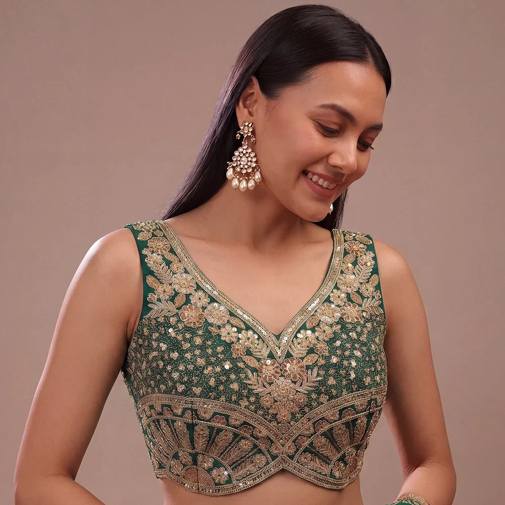 Bottle Green Zari & Sequins Work  Partywear Sleeveless  Blouse — view 1