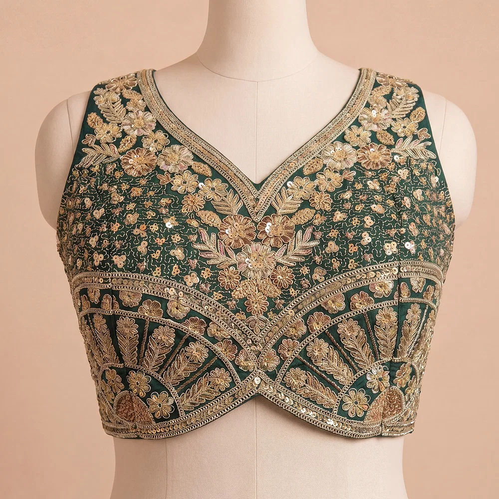 Bottle Green Zari & Sequins Work  Partywear Sleeveless  Blouse — view 2