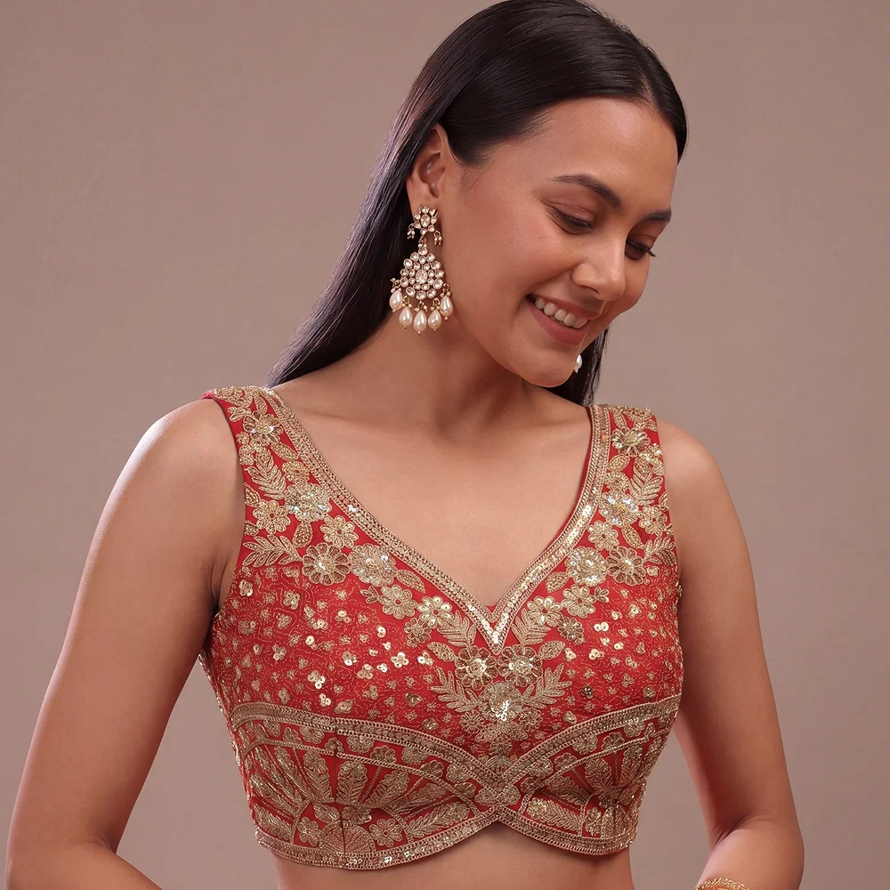 Red Zari & Sequins Work  Partywear Sleeveless  Blouse — view 1