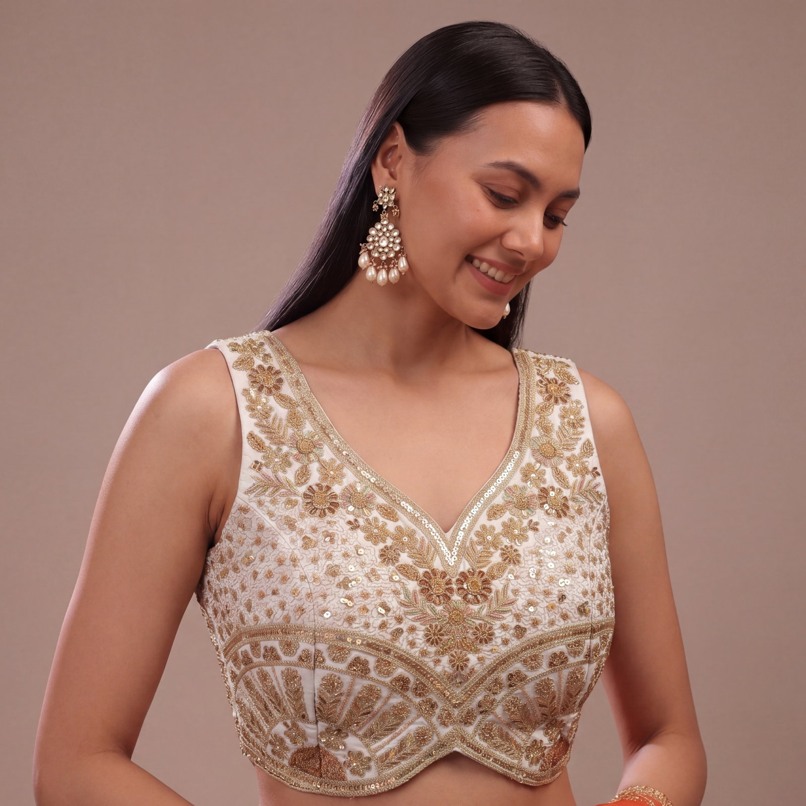 White Zari & Sequins Work  Partywear Sleeveless  Blouse