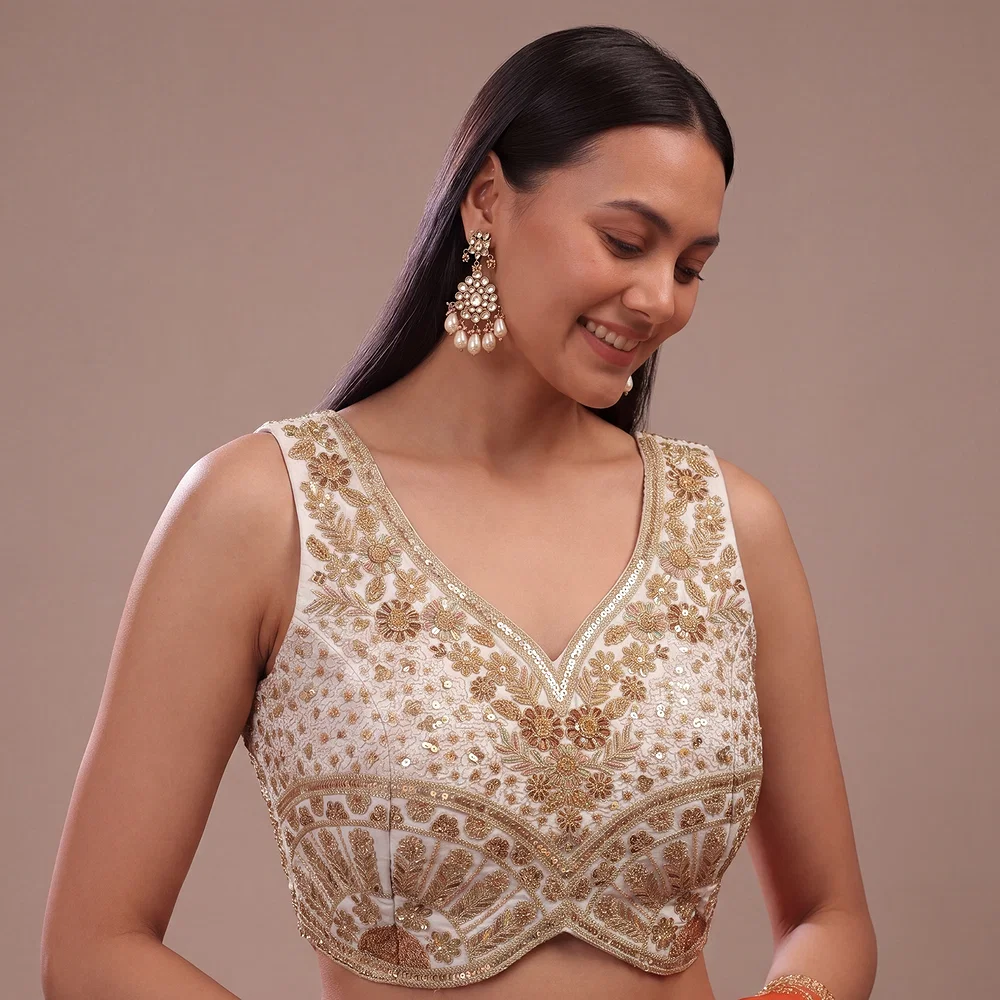 White Zari & Sequins Work  Partywear Sleeveless  Blouse — view 1