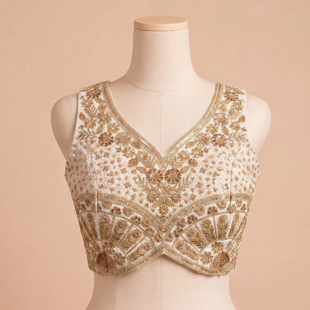 White Zari & Sequins Work  Partywear Sleeveless  Blouse — view 2