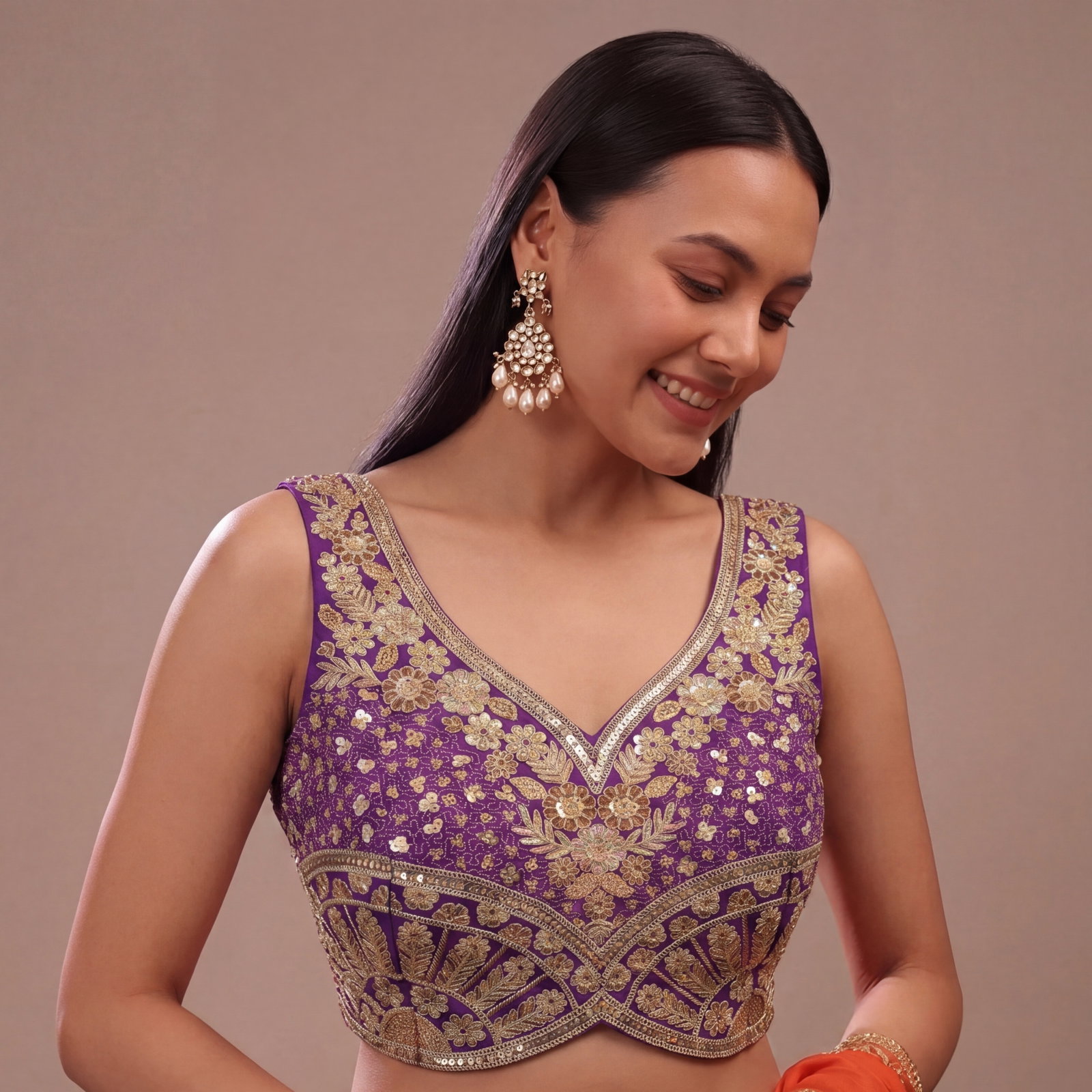 Purple Zari & Sequins Work  Partywear Sleeveless Blouse