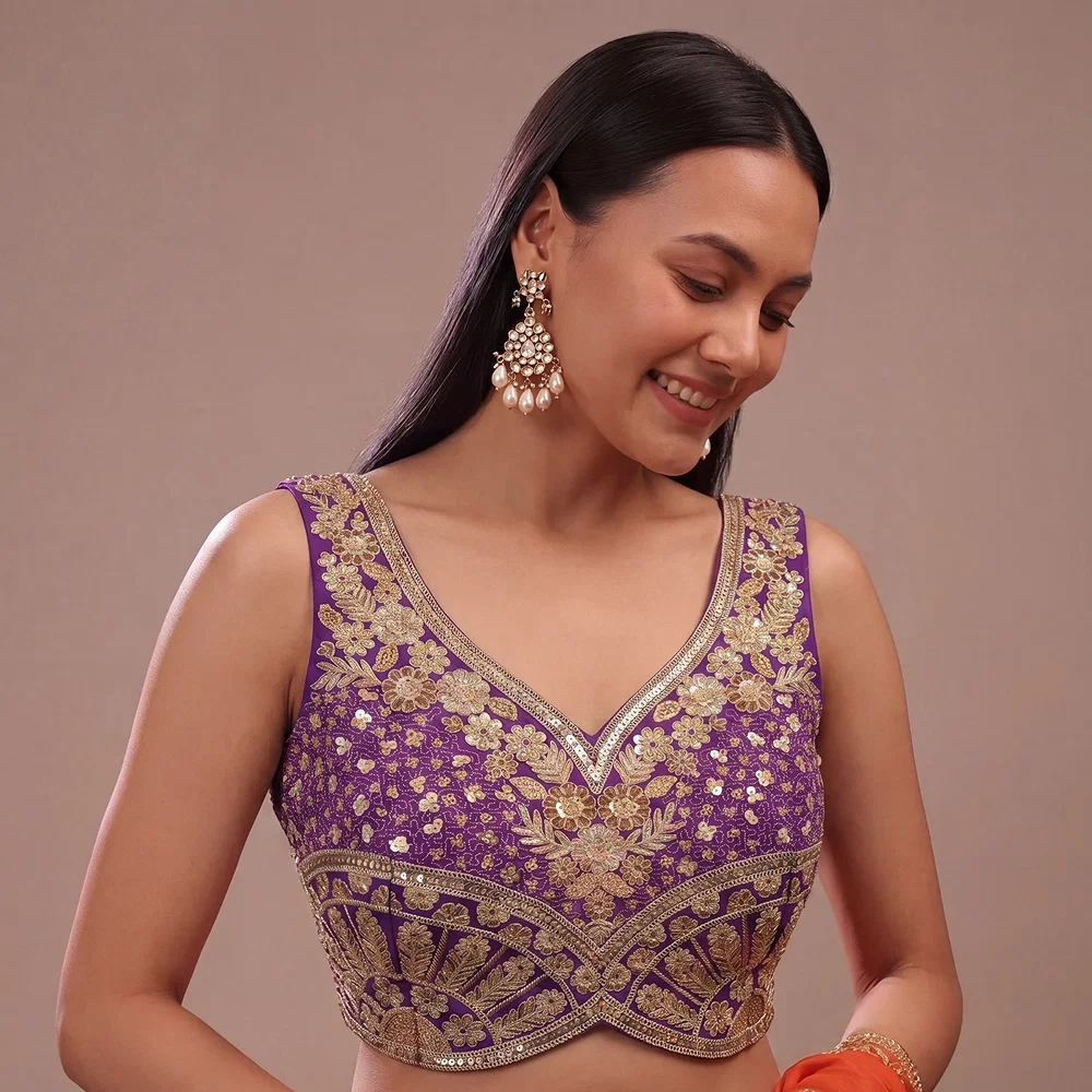 Purple Zari & Sequins Work  Partywear Sleeveless Blouse — view 1