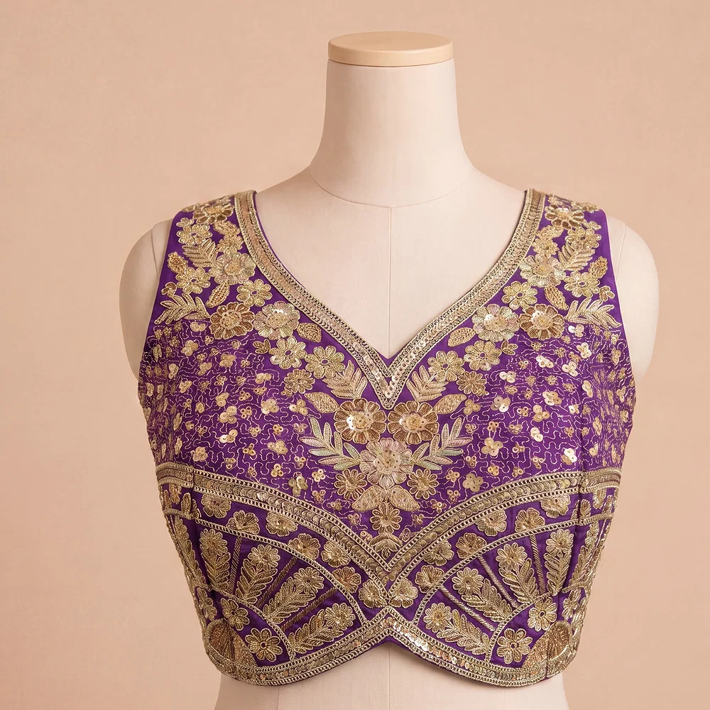 Purple Zari & Sequins Work  Partywear Sleeveless Blouse — view 2