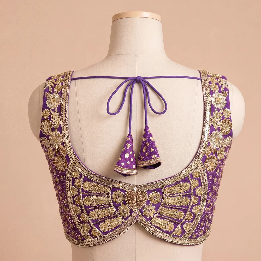 Purple Zari & Sequins Work  Partywear Sleeveless Blouse — view 3