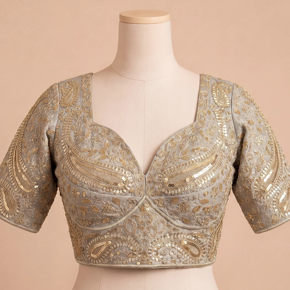 Grey Color Italian Silk Readymade Designer Blouse with Sequin & Codding Work — view 2