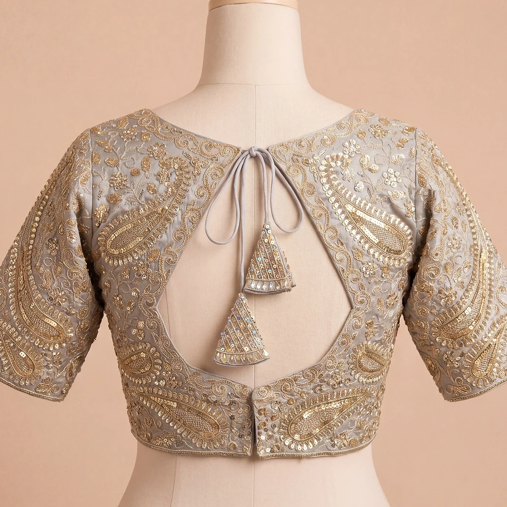 Grey Color Italian Silk Readymade Designer Blouse with Sequin & Codding Work — view 3