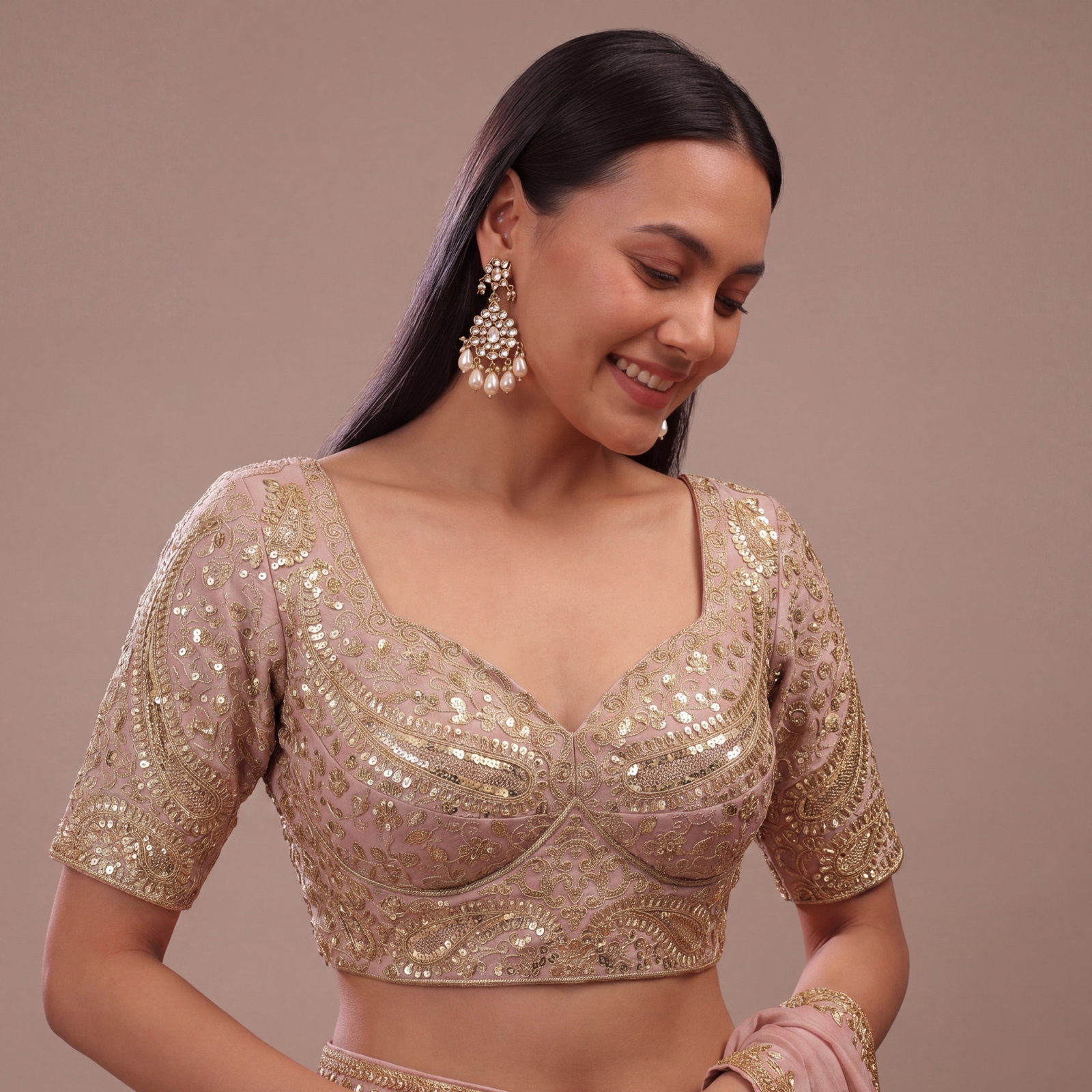 Onion Pink Color Italian Silk Readymade Designer Blouse with Sequin & Codding Work