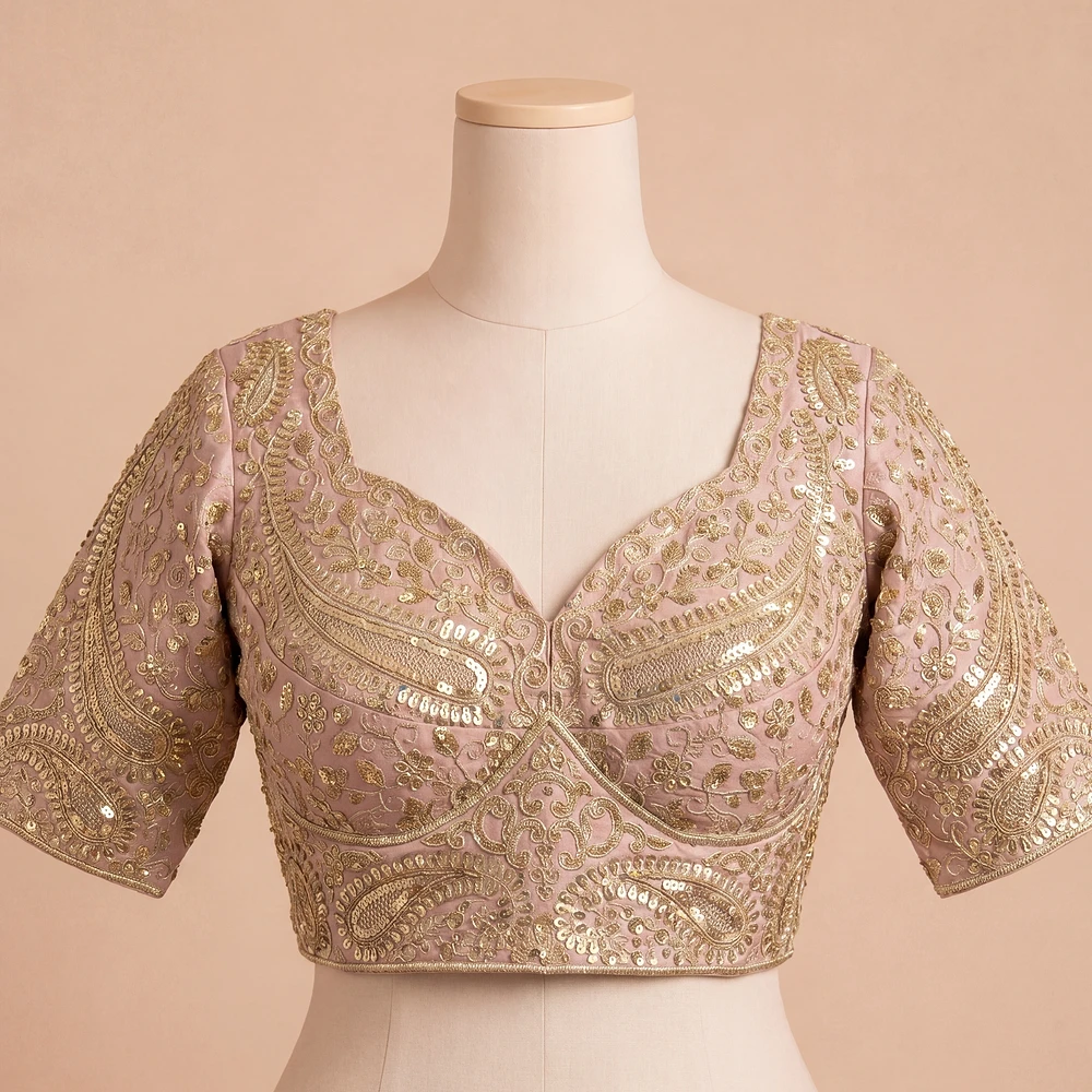 Onion Pink Color Italian Silk Readymade Designer Blouse with Sequin & Codding Work — view 2