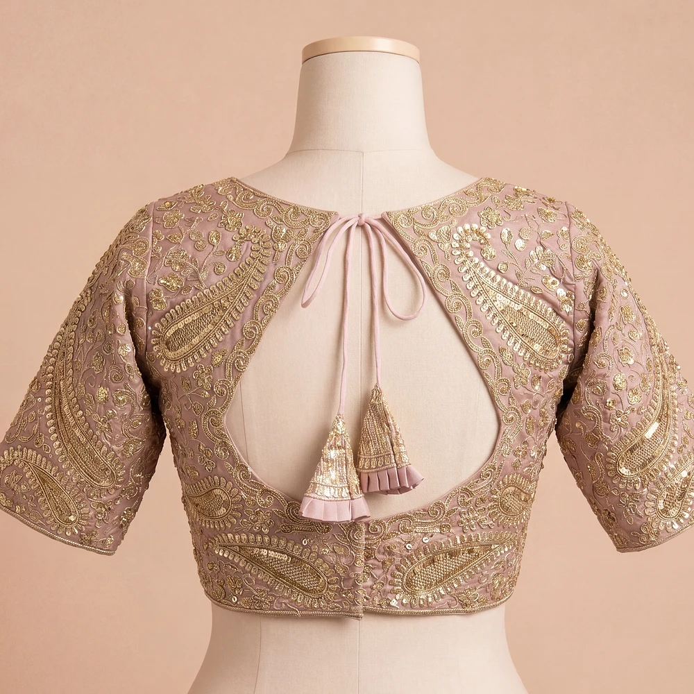 Onion Pink Color Italian Silk Readymade Designer Blouse with Sequin & Codding Work — view 3