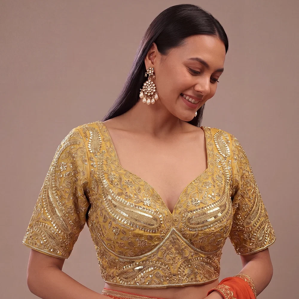 Yellow Color Italian Silk Readymade Designer Blouse with Sequin & Codding Work — view 1