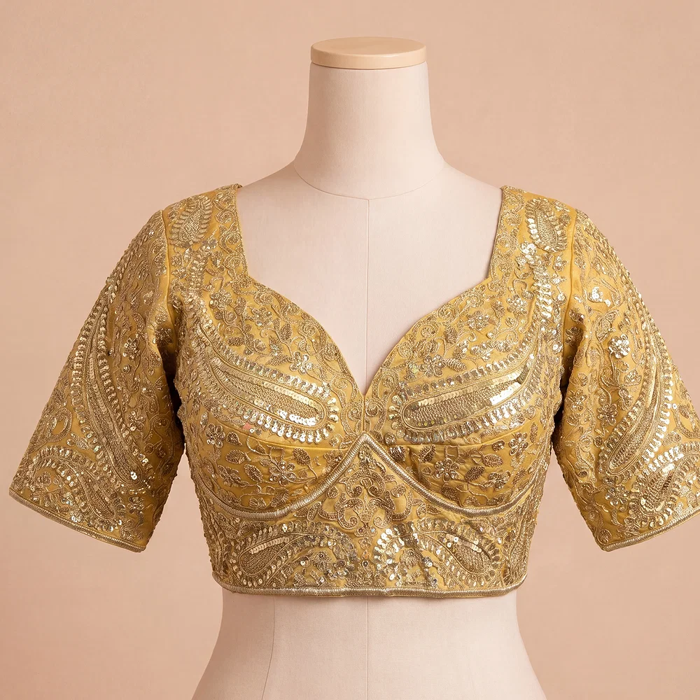 Yellow Color Italian Silk Readymade Designer Blouse with Sequin & Codding Work — view 2