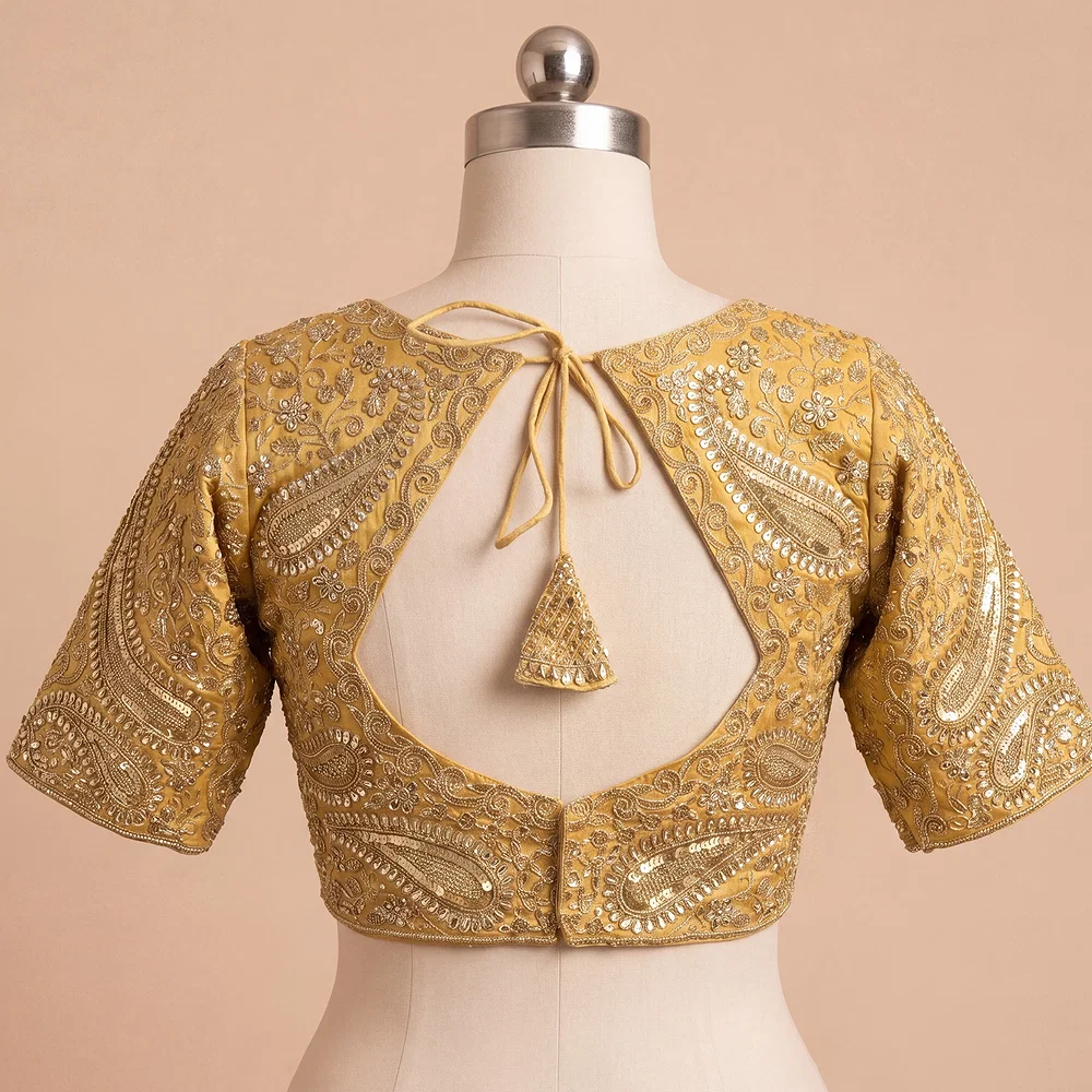 Yellow Color Italian Silk Readymade Designer Blouse with Sequin & Codding Work — view 3