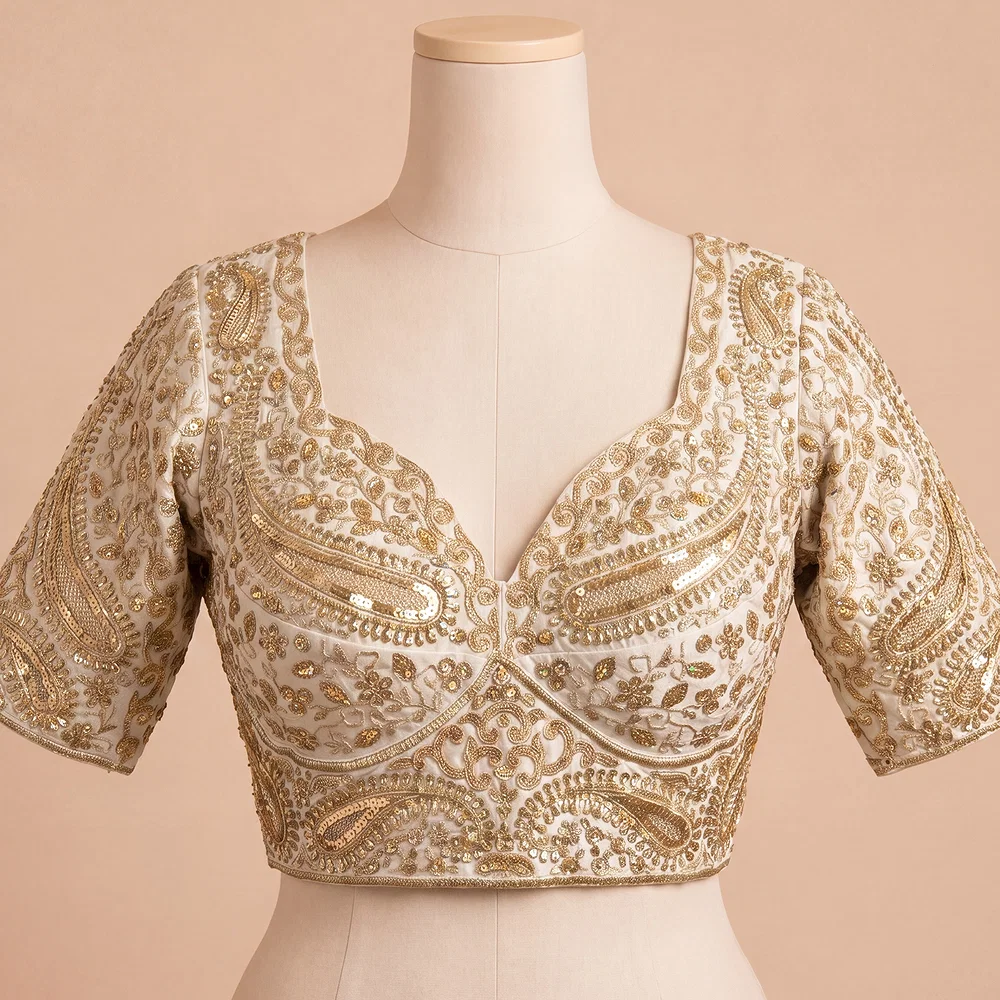 White Color Italian Silk Readymade Designer Blouse with Sequin & Codding Work — view 2