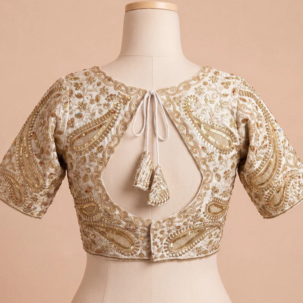 White Color Italian Silk Readymade Designer Blouse with Sequin & Codding Work — view 3