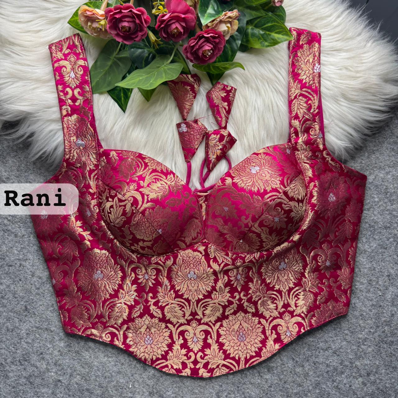 Rani Banarasi Corset Blouse with Jari Work & Latkan Back Open Style