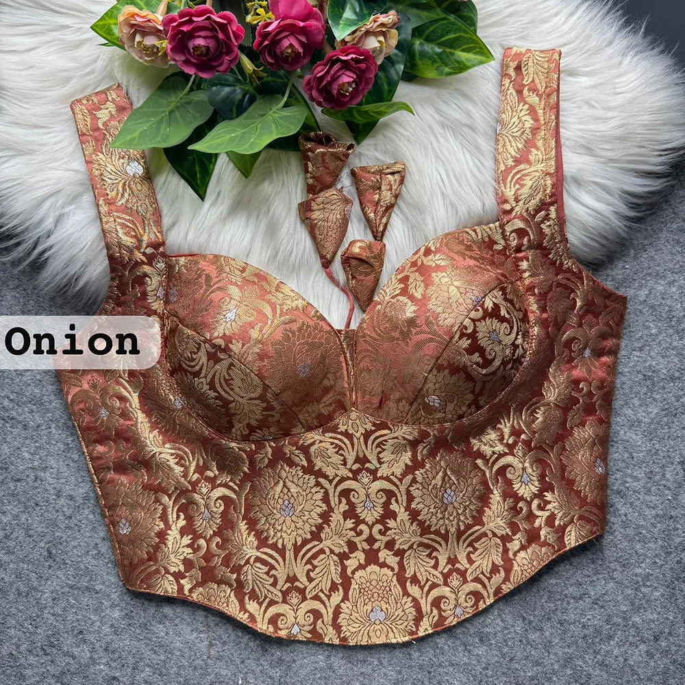Onion Pink Banarasi Corset Blouse with Jari Work & Latkan Back Open Style — view 1