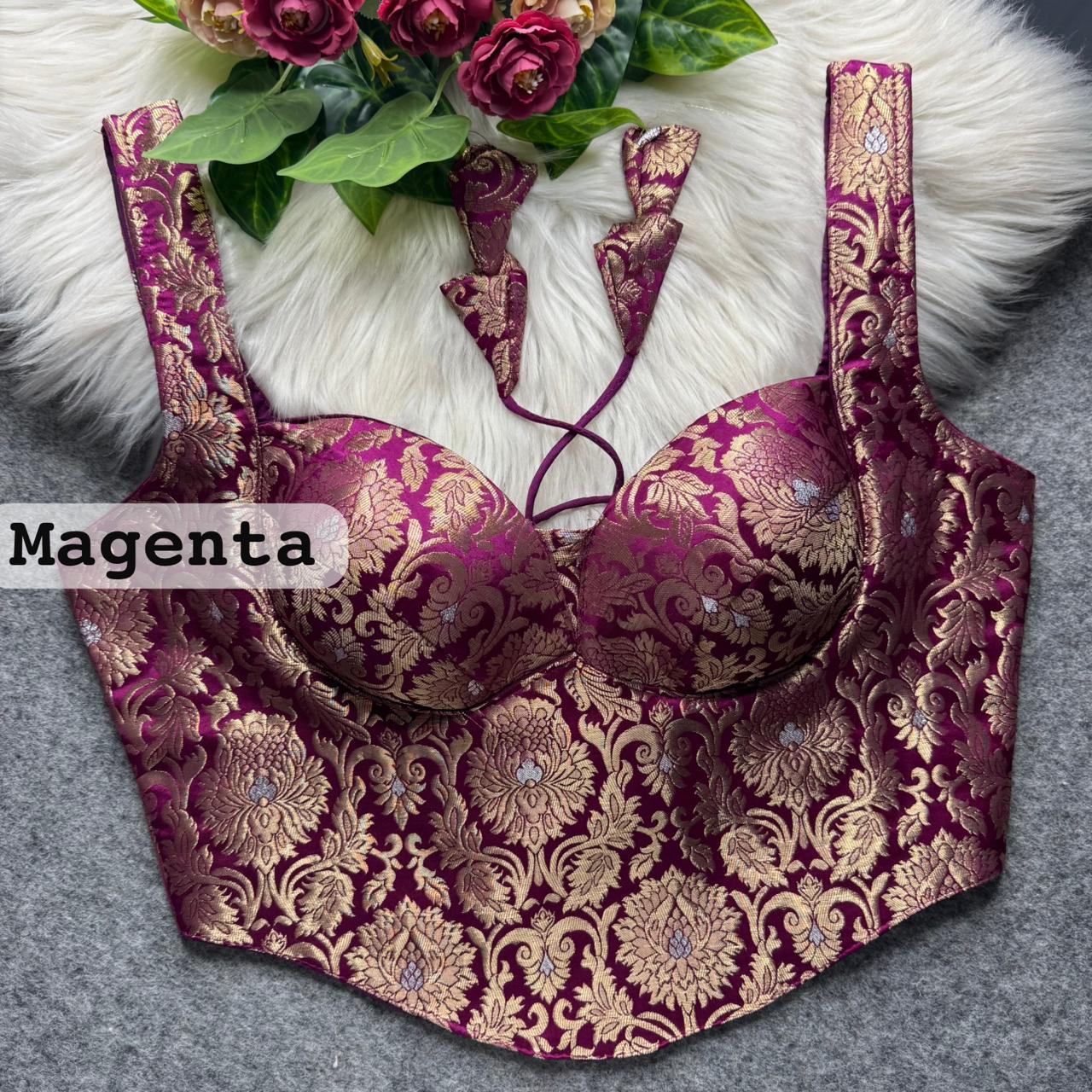Magenta Banarasi Corset Blouse with Jari Work & Latkan Back Open Style