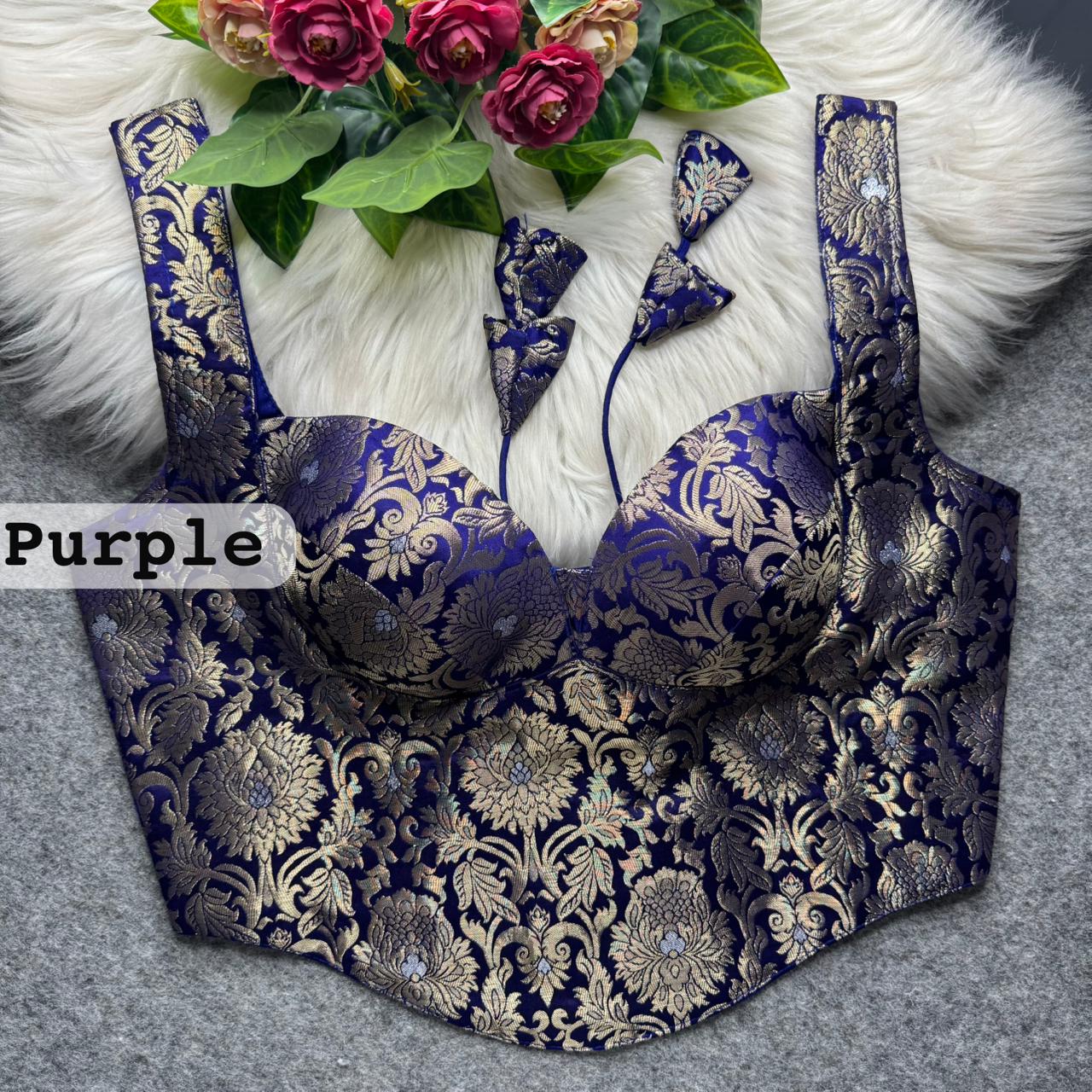 Purple Banarasi Corset Blouse with Jari Work & Latkan Back Open Style