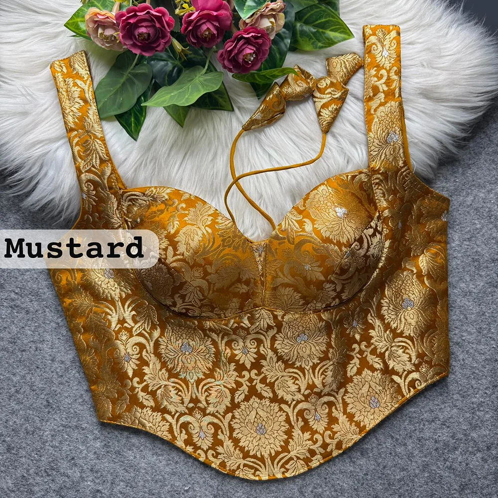 Mustard Banarasi Corset Blouse with Jari Work & Latkan Back Open Style — view 1