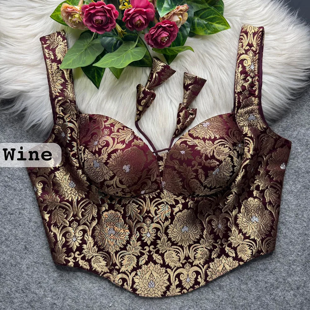 Wine Banarasi Corset Blouse with Jari Work & Latkan Back Open Style — view 1