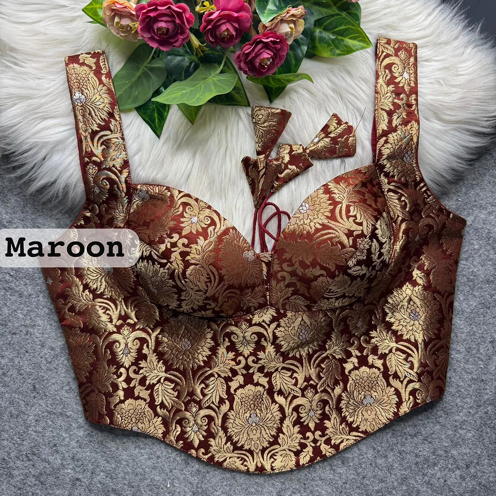 Maroon Banarasi Corset Blouse with Jari Work & Latkan Back Open Style — view 1