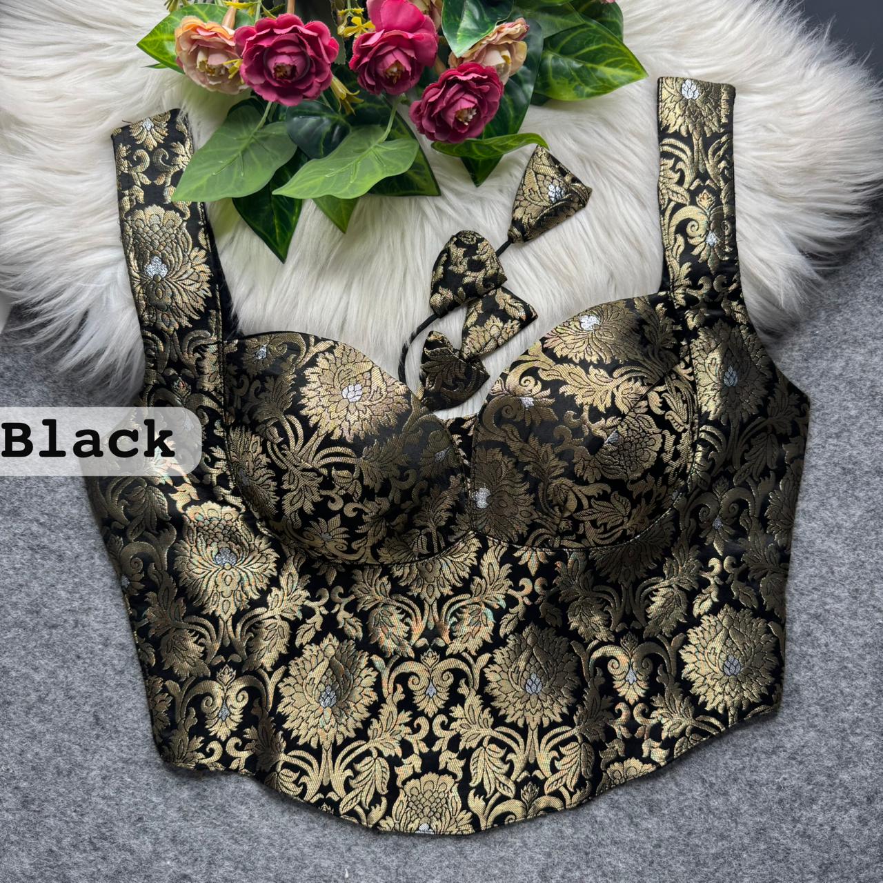 Black Banarasi Corset Blouse with Jari Work & Latkan Back Open Style