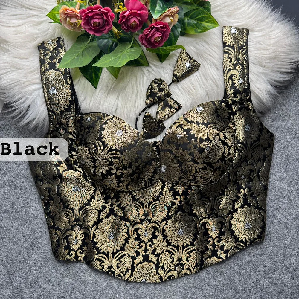 Black Banarasi Corset Blouse with Jari Work & Latkan Back Open Style — view 1