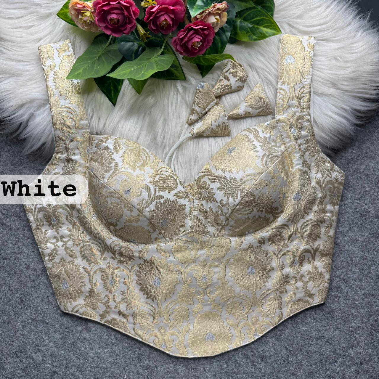 White Banarasi Corset Blouse with Jari Work & Latkan Back Open Style