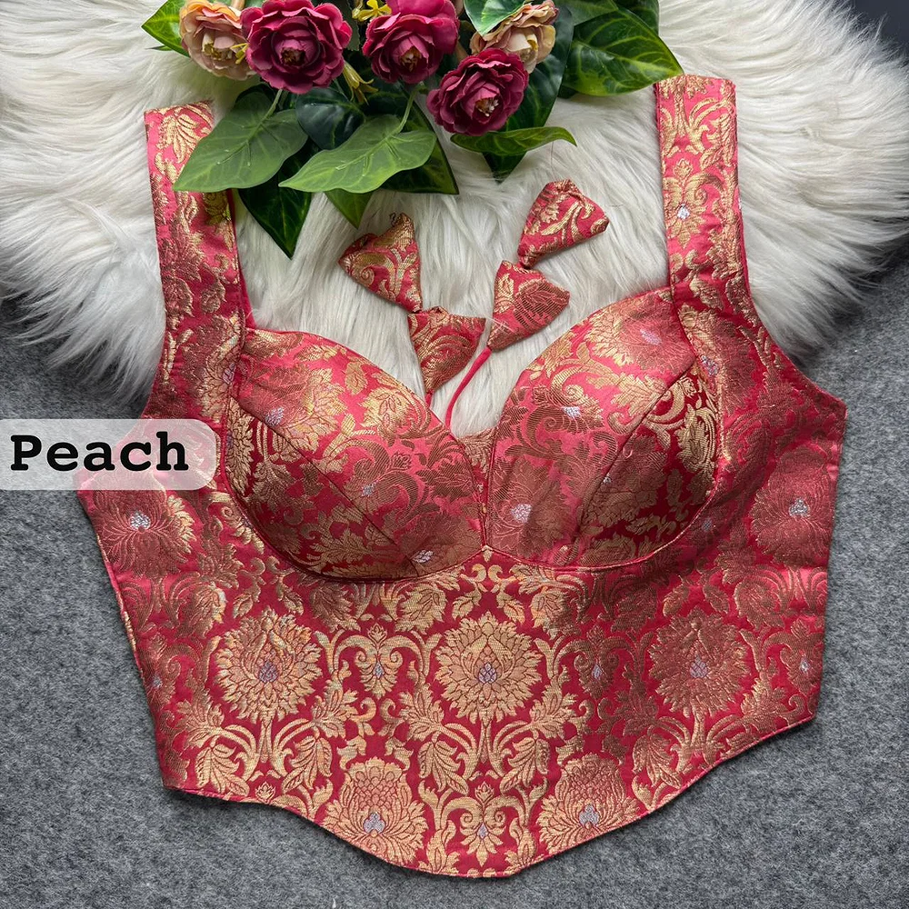 Peach Banarasi Corset Blouse with Jari Work & Latkan Back Open Style — view 1