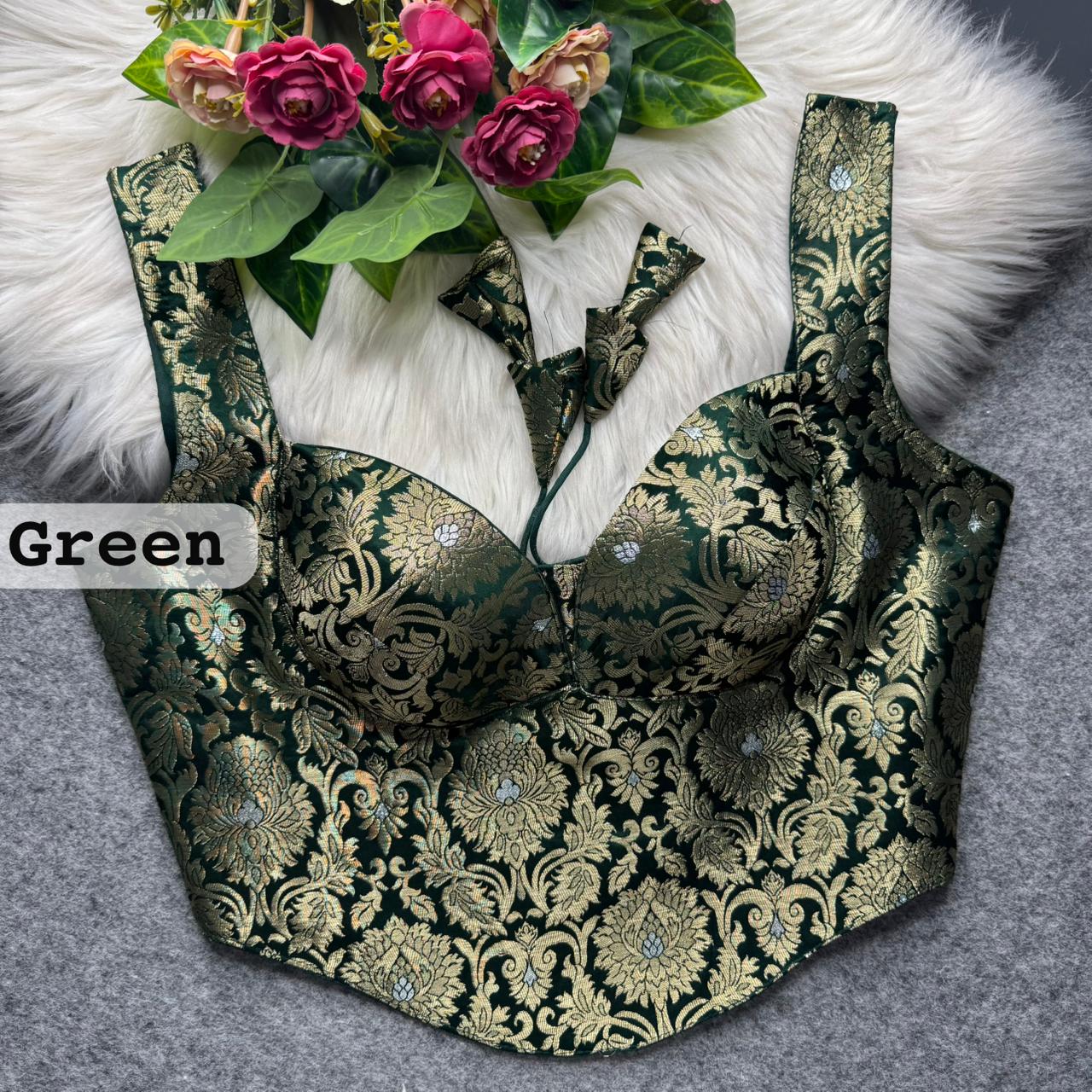 Bottle Green Banarasi Corset Blouse with Jari Work & Latkan Back Open Style