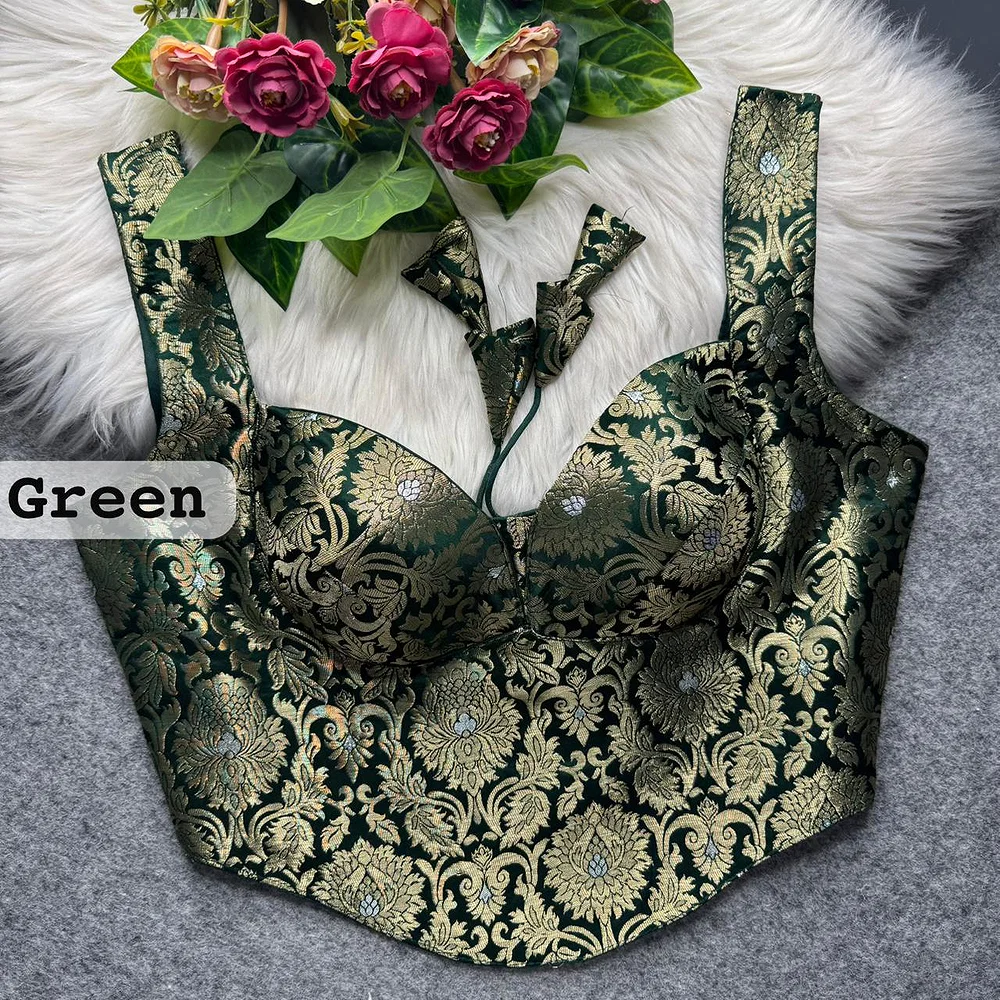 Bottle Green Banarasi Corset Blouse with Jari Work & Latkan Back Open Style — view 1