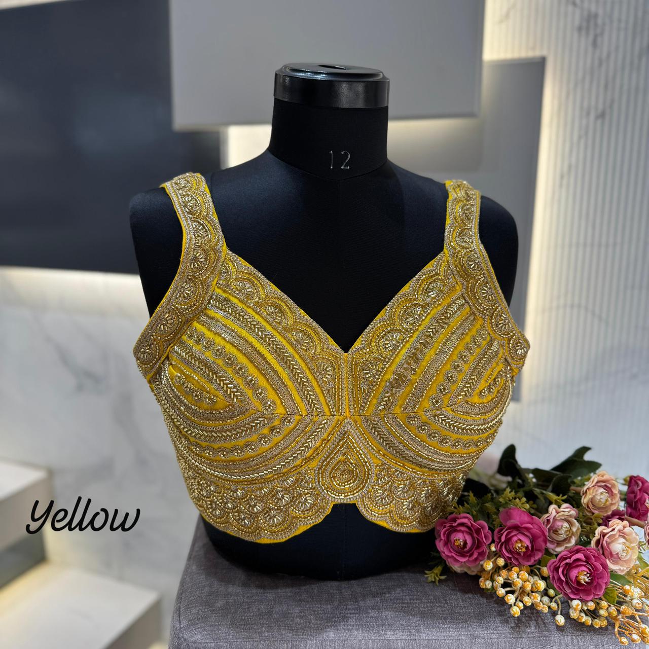 Yellow Heavy Beads Work Sleeveless Italian Silk Blouse for Women