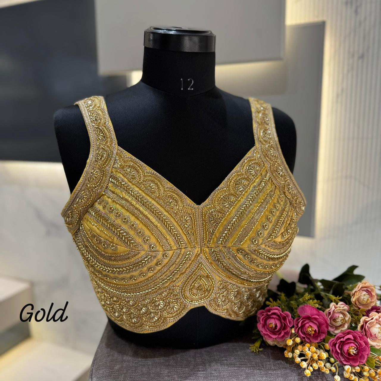Gold Heavy Beads Work Sleeveless Italian Silk Blouse for Women