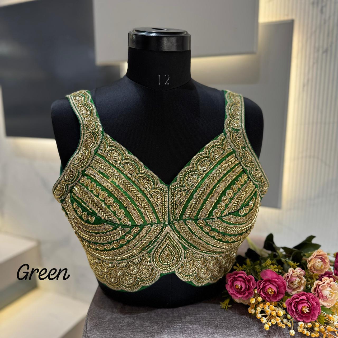 Green Heavy Beads Work Sleeveless Italian Silk Blouse for Women
