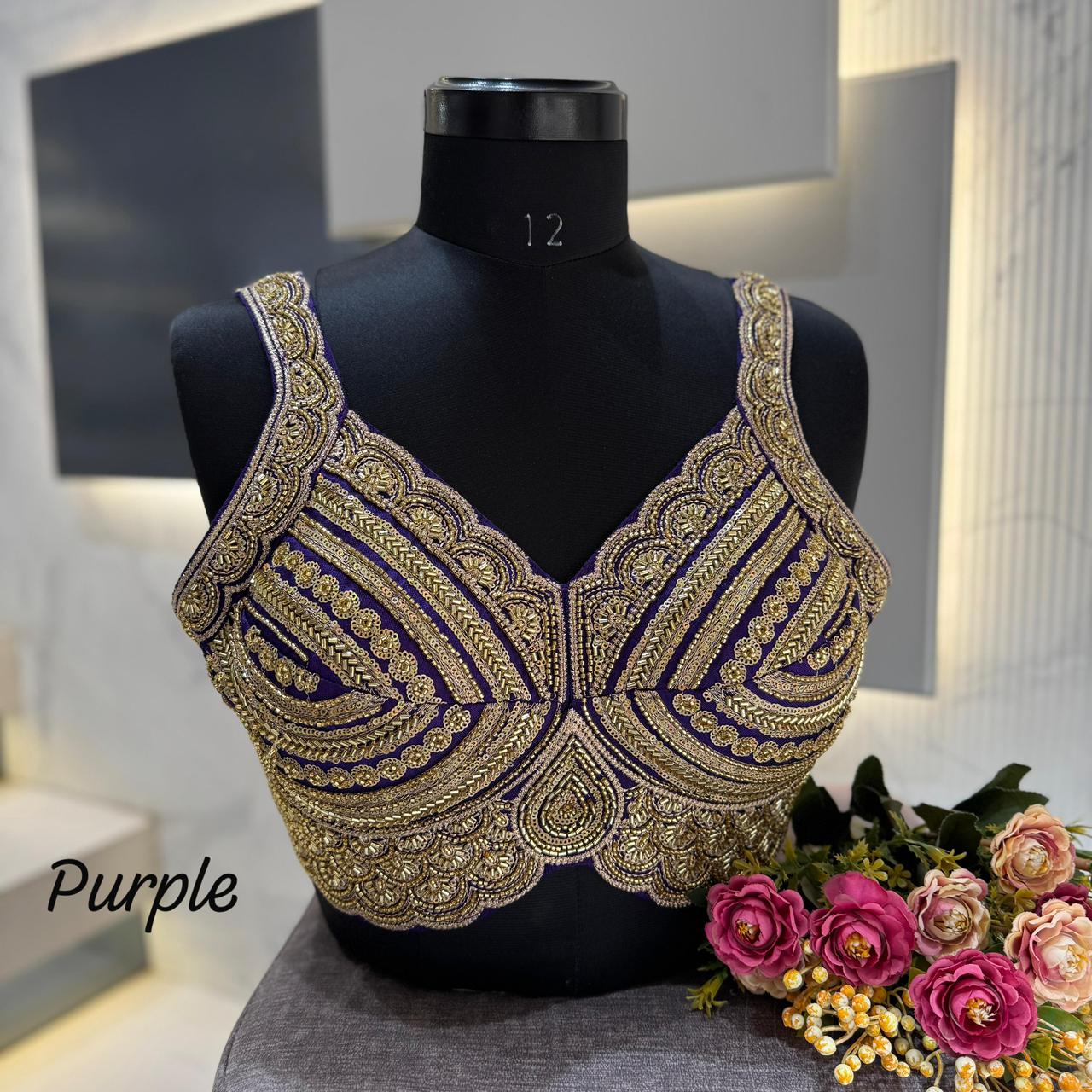 Purple Heavy Beads Work Sleeveless Italian Silk Blouse for Women