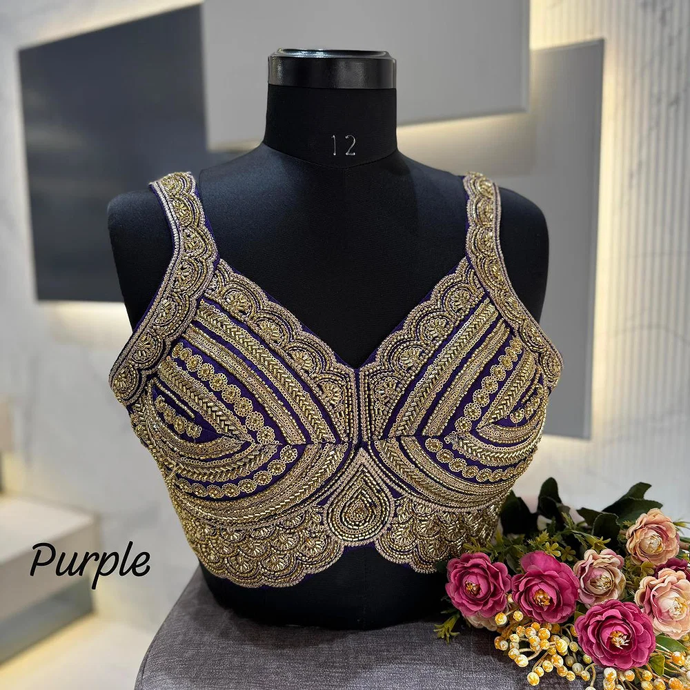 Purple Heavy Beads Work Sleeveless Italian Silk Blouse for Women — view 1