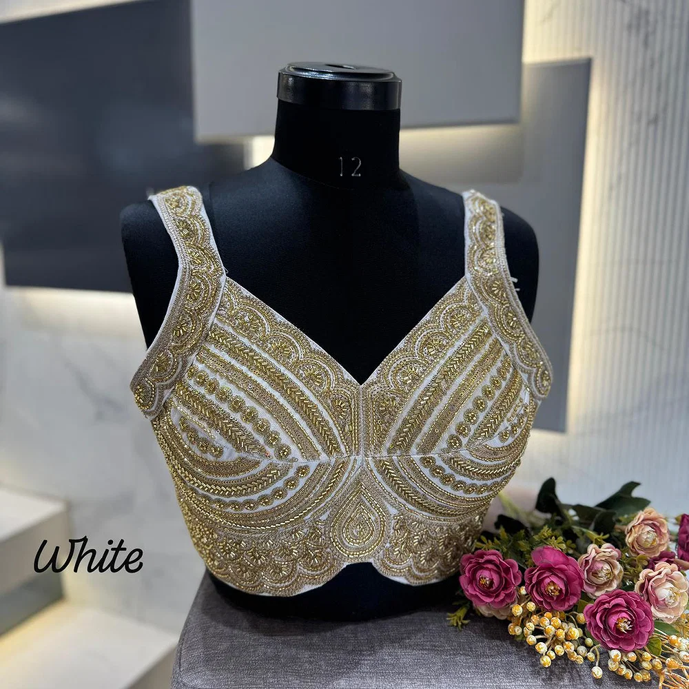 White Heavy Beads Work Sleeveless Italian Silk Blouse for Women — view 1