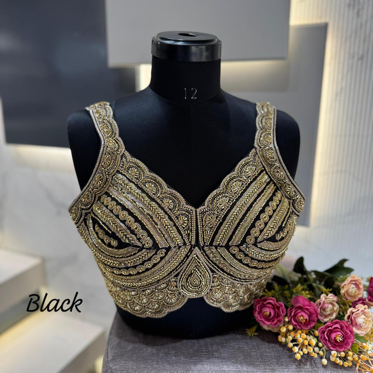 Black Heavy Beads Work Sleeveless Italian Silk Blouse for Women