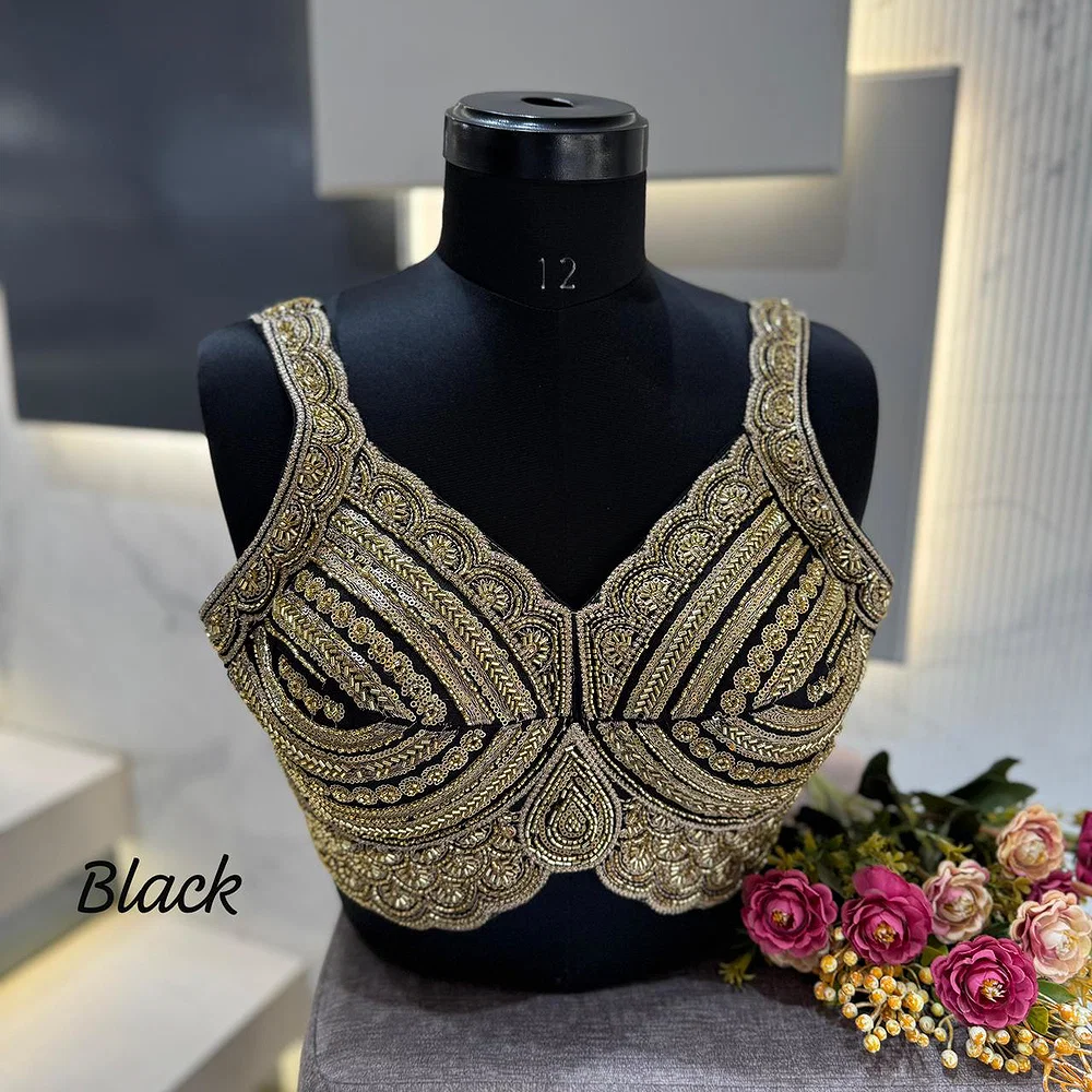 Black Heavy Beads Work Sleeveless Italian Silk Blouse for Women — view 1