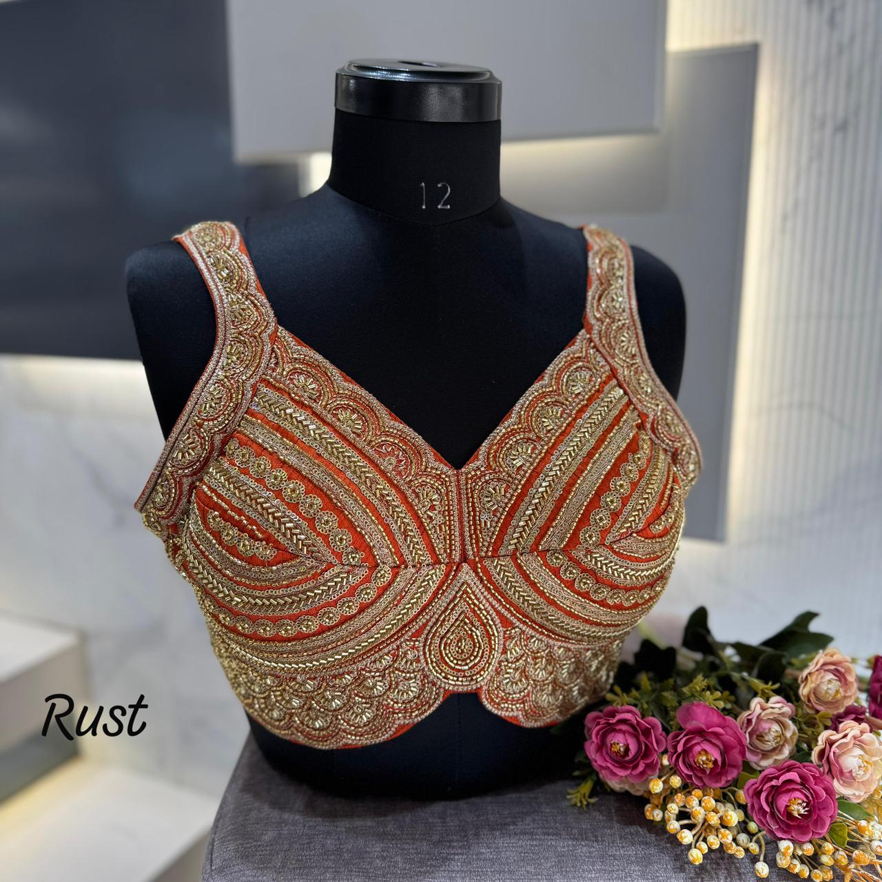 Copper Heavy Beads Work Sleeveless Italian Silk Blouse for Women