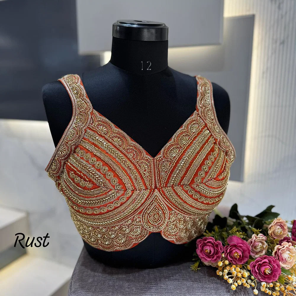Copper Heavy Beads Work Sleeveless Italian Silk Blouse for Women — view 1